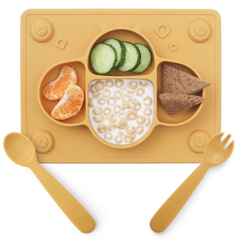 ROCCED Suction Plates for Baby Placemat Spoon Fork Set for Toddlers, Silicone Baby Plates with Suction Baby Dishes for Kids Plates-mustard - Image 1