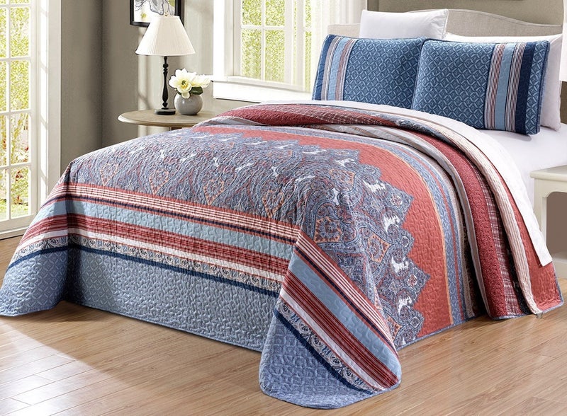 Grand Linen 3-Piece Oversize (100" X 95") Fine Printed Prewashed Reversible Bedspread Coverlet Set Full/Queen Size Bed Cover (Blue, Navy, White, Coral, Brown) - Image 1