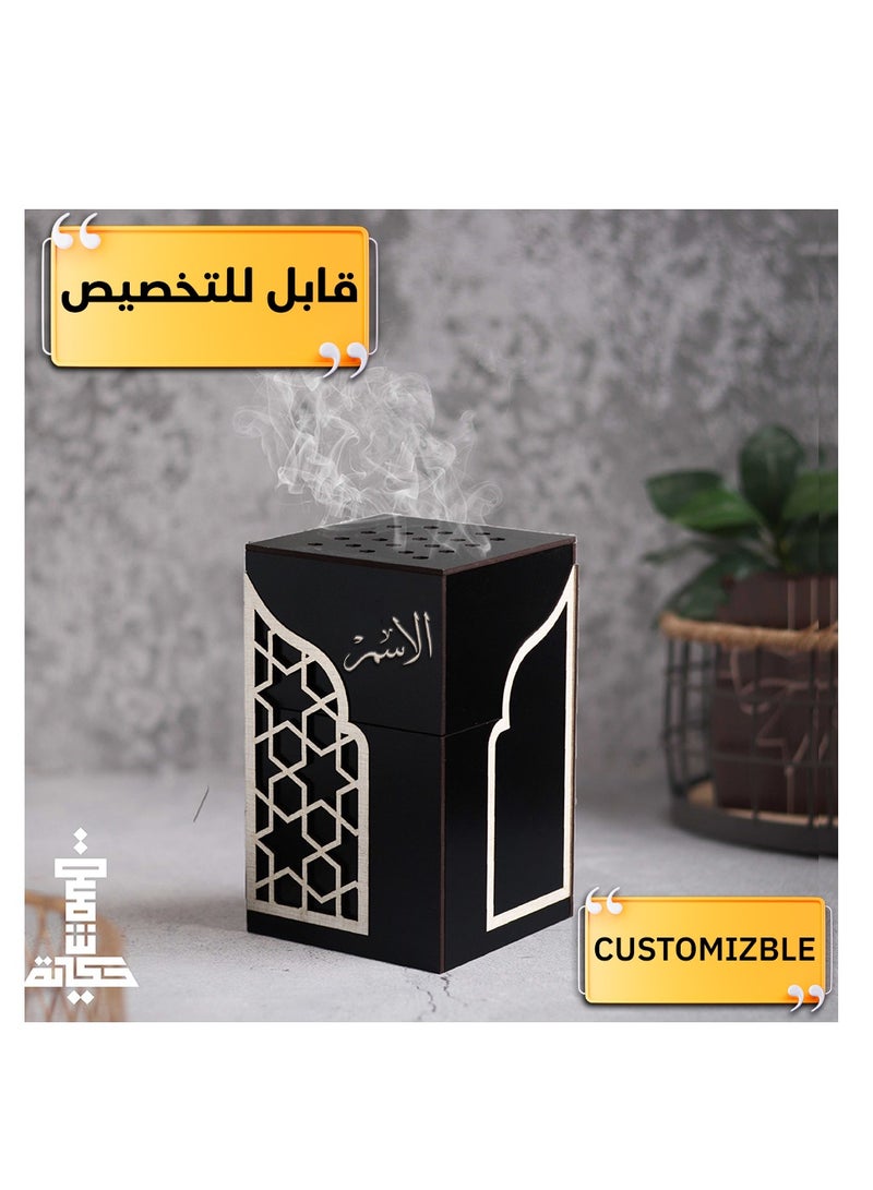 حكاية شمعة مبخره بخور مصنوعه من الخشب الفاخر ، مبخرة باسم قابل للتخصيص "باسمك او اسم من تحب "بتصميم مميز وبلون أسود - Image 2