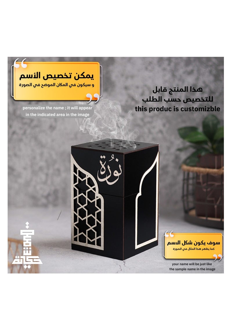 حكاية شمعة مبخره بخور مصنوعه من الخشب الفاخر ، مبخرة باسم قابل للتخصيص "باسمك او اسم من تحب "بتصميم مميز وبلون أسود - Image 3