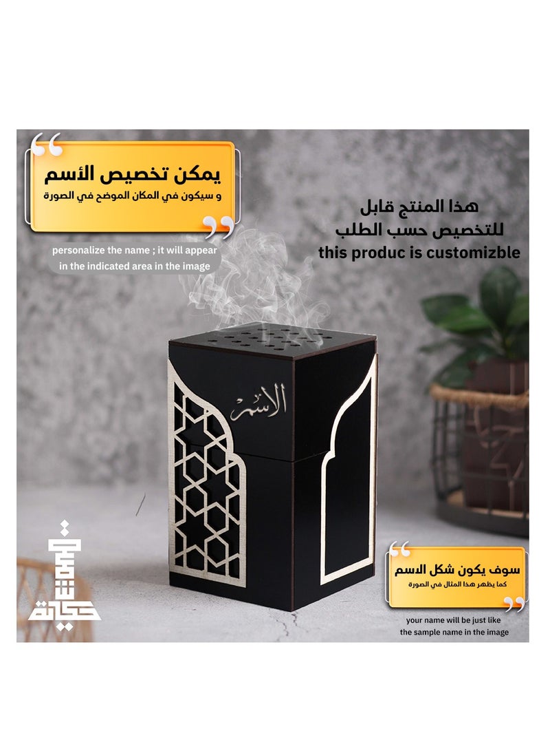حكاية شمعة مبخره بخور مصنوعه من الخشب الفاخر ، مبخرة باسم قابل للتخصيص "باسمك او اسم من تحب "بتصميم مميز وبلون أسود - Image 4