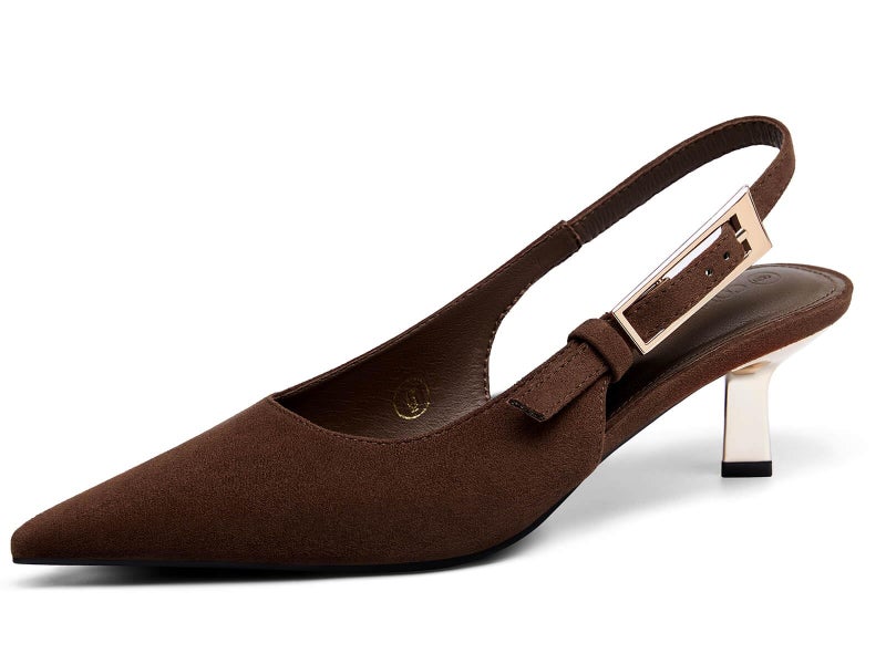 Coutgo Womens Slingback Kitten Heels Closed Pointed Toe Pumps Buckle Strap Wedding Party Dress Shoes, Dark Brown, Size 8 - Image 1