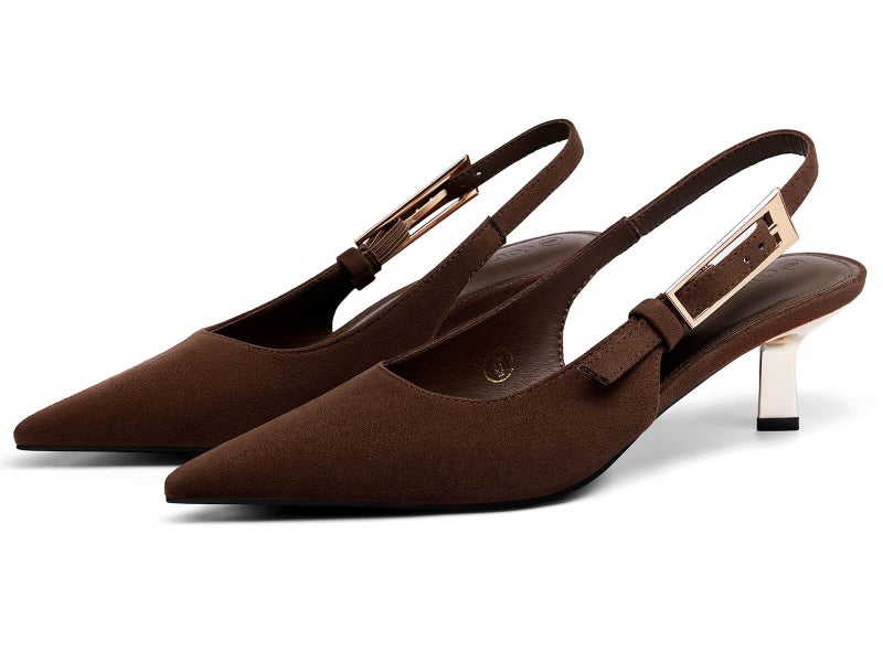 Coutgo Womens Slingback Kitten Heels Closed Pointed Toe Pumps Buckle Strap Wedding Party Dress Shoes, Dark Brown, Size 8 - Image 3