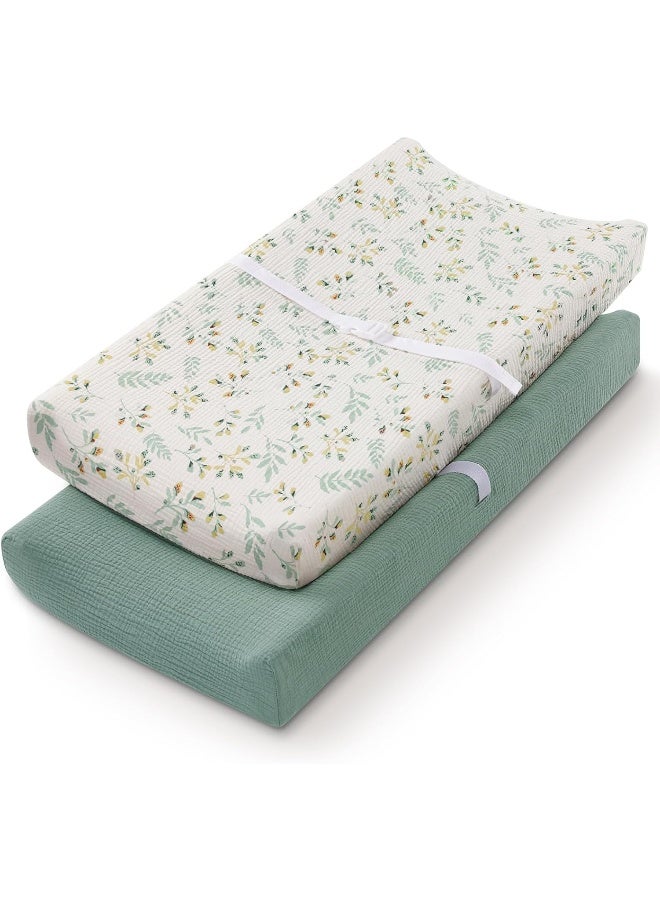 Blissful Diary Blissful Diary Muslin Changing Pad Cover for Girls Boys, Ultra Soft Breathable Cotton, Baby Diaper Change Table Pad Covers, 2Pack (Roman Green&Leaf) - Image 1