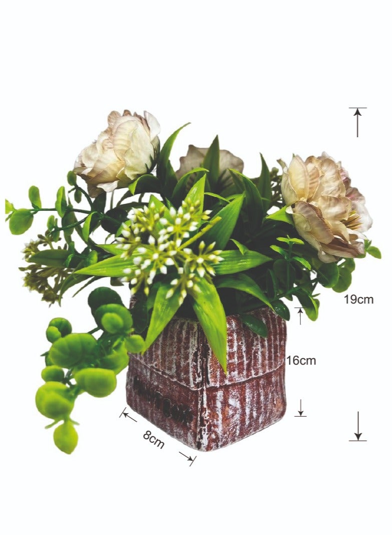 BABAZAM Decorative Artificial Flowers Potted in Stone Pot Lifelike Blooms for Home Office Living Room Décor and Gifting Beige (19x16x8cm)  - Image 1