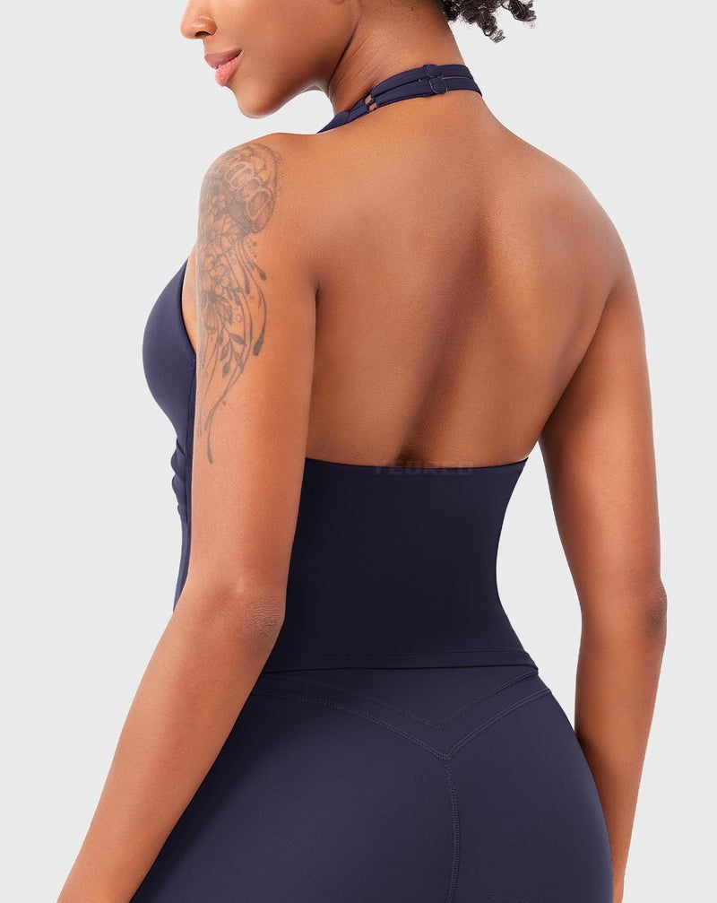 YEOREO Womens Halter Tank Tops Workout Impact Longline Strappy Top Padded Deep V Neck Wrap Gym Backless Bra Camisole Navy S - Image 4