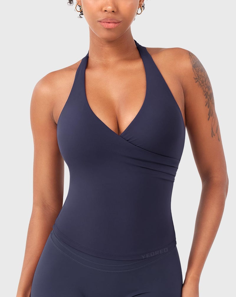 YEOREO Womens Halter Tank Tops Workout Impact Longline Strappy Top Padded Deep V Neck Wrap Gym Backless Bra Camisole Navy S - Image 5