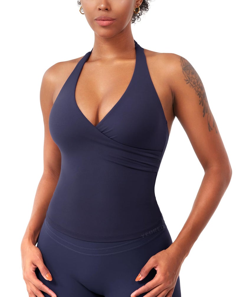 YEOREO Womens Halter Tank Tops Workout Impact Longline Strappy Top Padded Deep V Neck Wrap Gym Backless Bra Camisole Navy S - Image 1