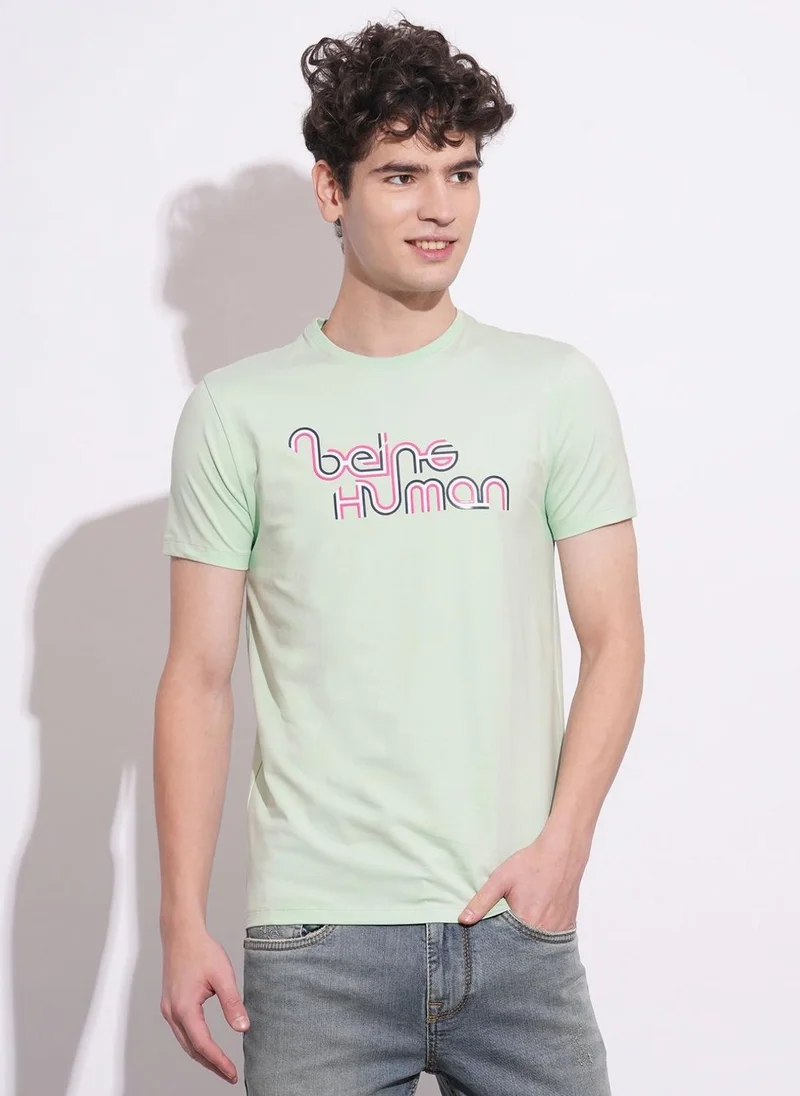 بيينغ هيومان Men Typography Printed Round Neck Cotton Slim Fit T-shirt