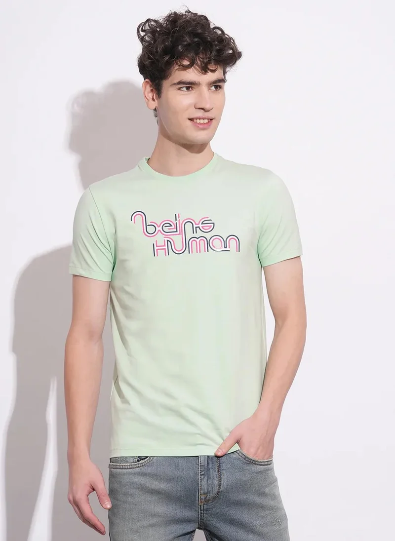 بيينغ هيومان Men Typography Printed Round Neck Cotton Slim Fit T-shirt
