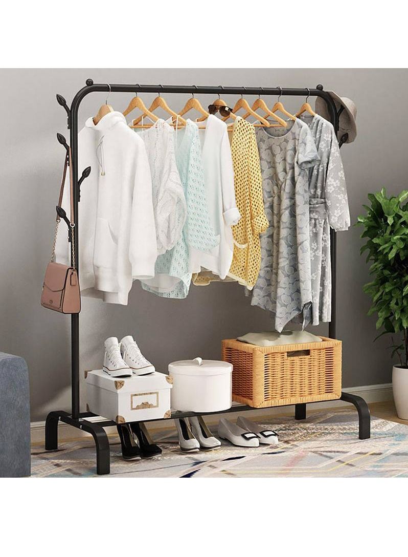 حامل ملابس أرضي بسيط بعمود واحد للتجفيف الداخلي وتخزين الملابس - أسود - Image 2