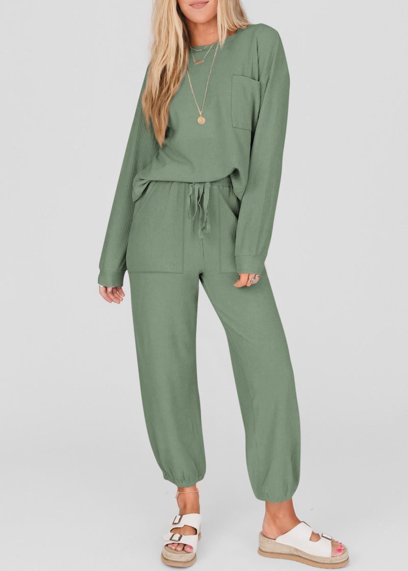 KIRUNDO Lounge Sets for Women 2026 Spring Airport Travel Outfits Ribbed Knit Tops Jogger Pants Tracksuit Postpartum Comfy Set(Bean Green, Large) - Image 2