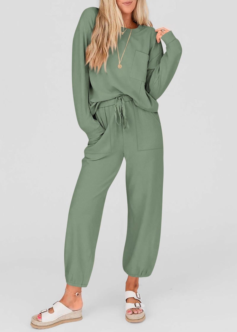 KIRUNDO Lounge Sets for Women 2026 Spring Airport Travel Outfits Ribbed Knit Tops Jogger Pants Tracksuit Postpartum Comfy Set(Bean Green, Large) - Image 3