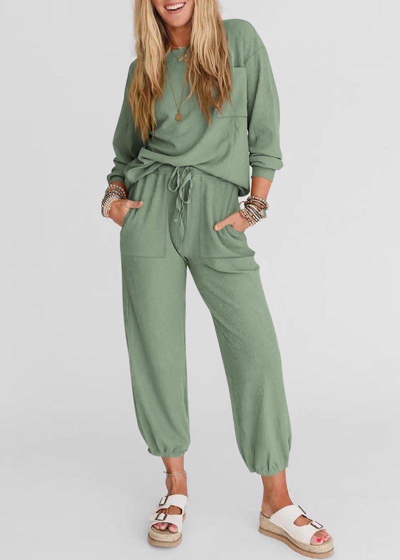 KIRUNDO Lounge Sets for Women 2026 Spring Airport Travel Outfits Ribbed Knit Tops Jogger Pants Tracksuit Postpartum Comfy Set(Bean Green, Large) - Image 4