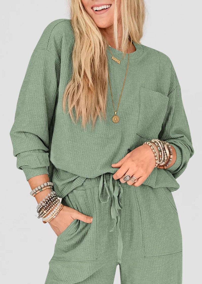 KIRUNDO Lounge Sets for Women 2026 Spring Airport Travel Outfits Ribbed Knit Tops Jogger Pants Tracksuit Postpartum Comfy Set(Bean Green, Large) - Image 5