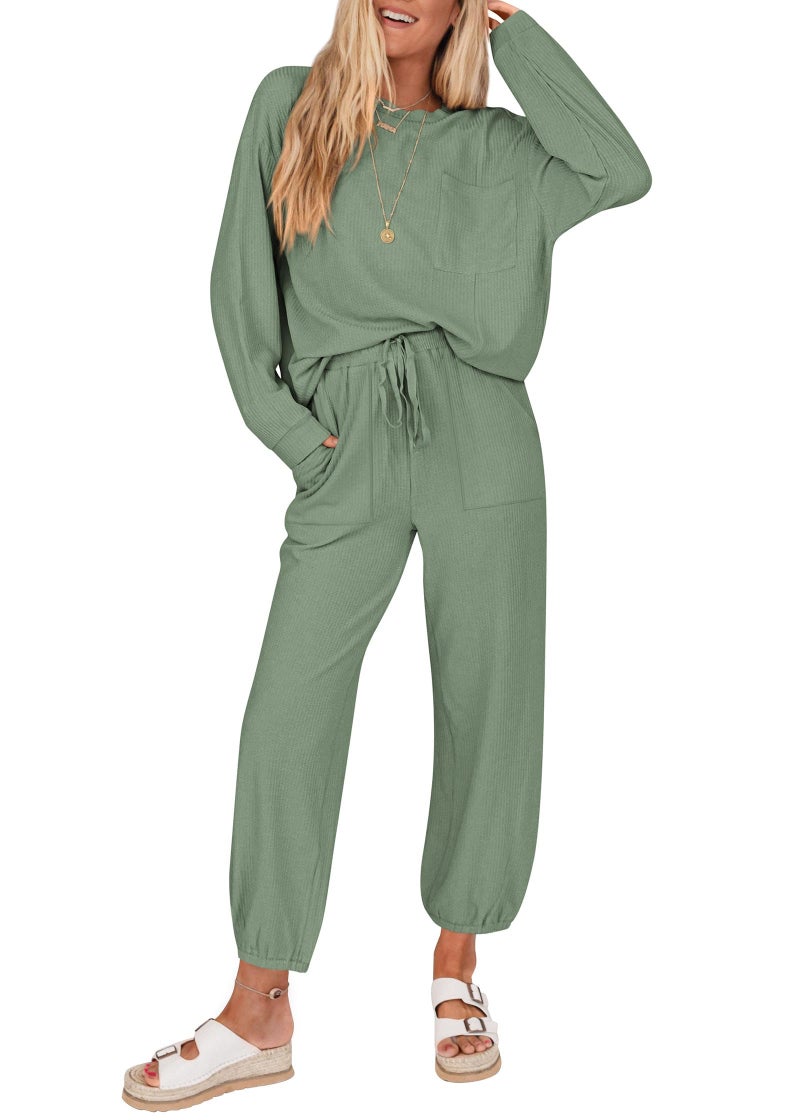 KIRUNDO Lounge Sets for Women 2026 Spring Airport Travel Outfits Ribbed Knit Tops Jogger Pants Tracksuit Postpartum Comfy Set(Bean Green, Large) - Image 1