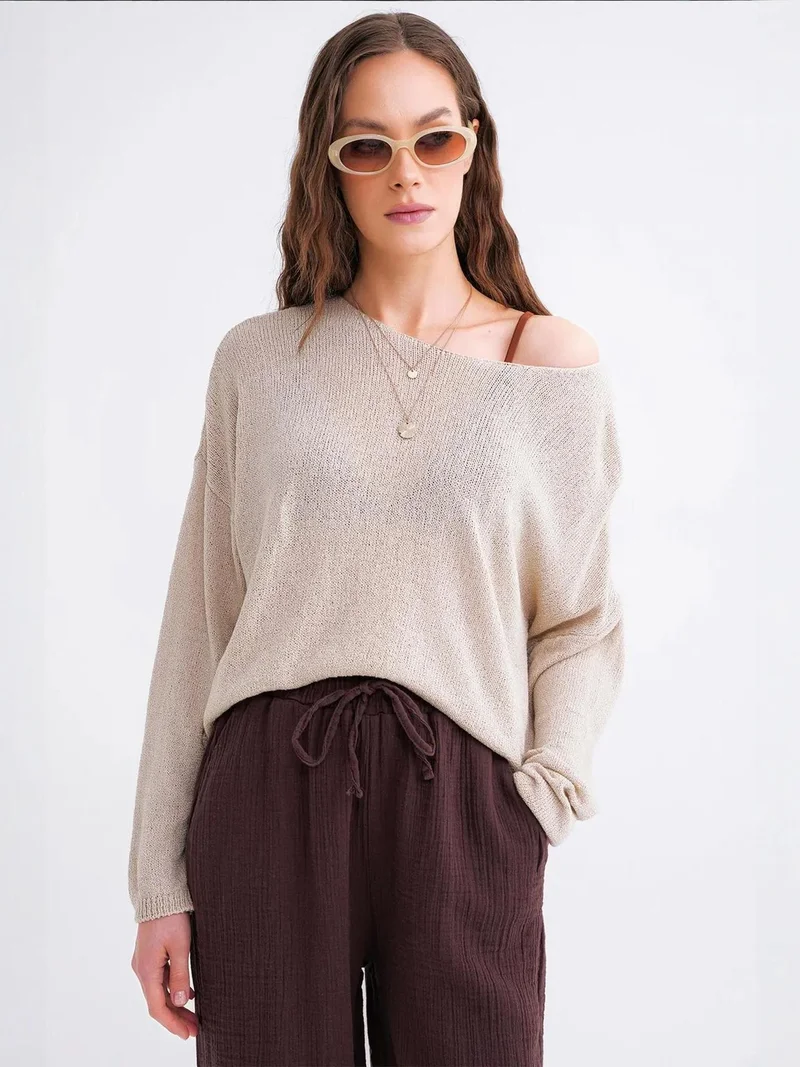 Mixray Stone Natural MIXRAY Oversized Boat Neck Knit Sweater for Women | Best Price UAE
