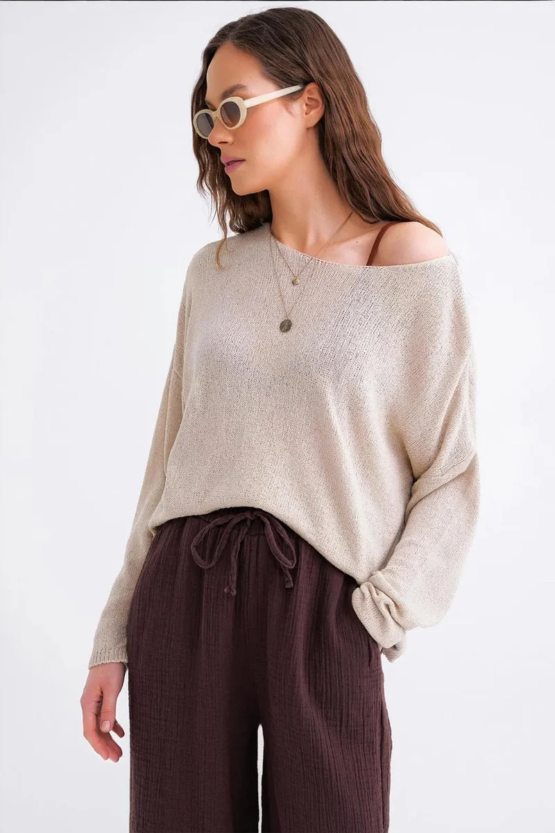 Mixray MIXRAY Oversized Boat Neck Knit Sweater