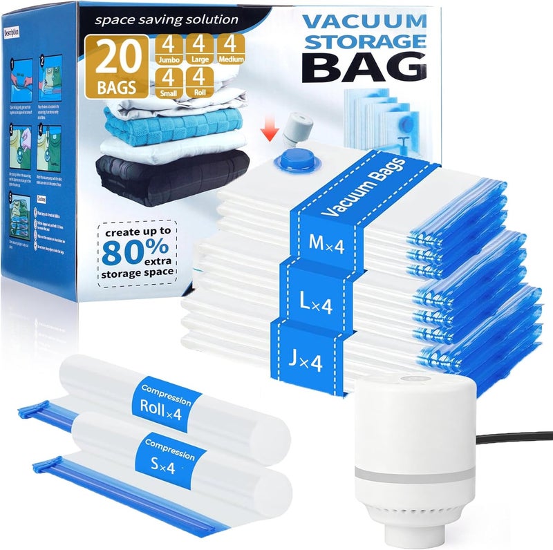 Besslly 20 Pack Vacuum Storage Bags with Electric Pump, 4Jumbo/ 4Large/ 4Medium/ 4Small/ 4Roll Compression Space Saver Vacuum Seal Bags for Clothing Travel Luggage Comforters Blankets Pillows Bedding - Image 1