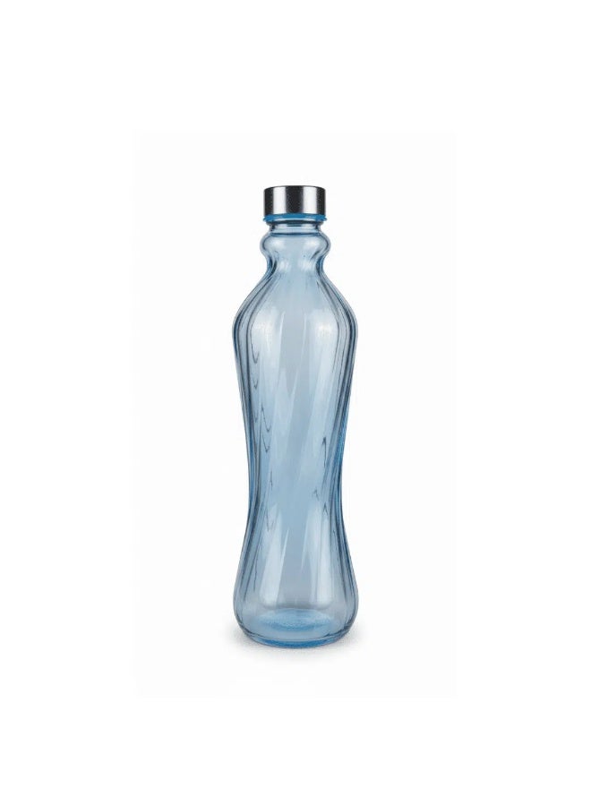 Leak Proof Glass Water Bottle 1 Liter – Blue Spiral Shape Glass Bottle with Twist Lid,