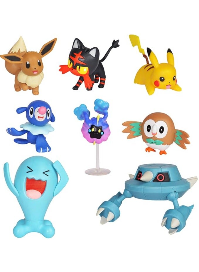 general Pokemon Action Figure Battle Pack with 2" Rowlet, 2" Popplio, 2" Litten, 2" Eevee, 2" Pikachu, 2" Cosmog, 3" Metang and 3" Wobbuffet - Image 1