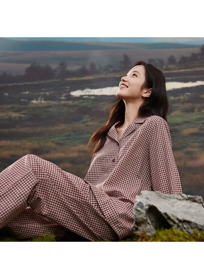Top melon Dingguagua Dingguagua Spring Summer Pure Cotton Woven Plaid Couple Sleepwear Comfortable Breathable Homewear Set Red Plaid 160 - Image 2
