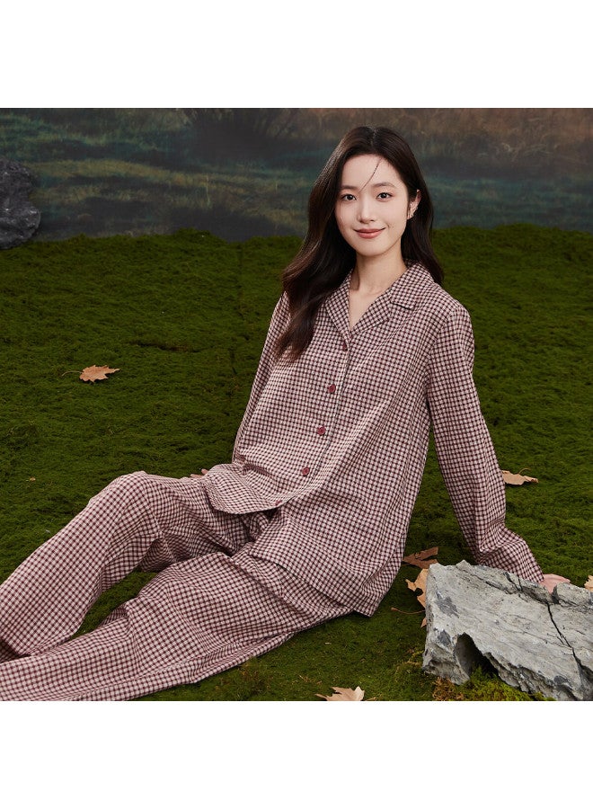 Top melon Dingguagua Dingguagua Spring Summer Pure Cotton Woven Plaid Couple Sleepwear Comfortable Breathable Homewear Set Red Plaid 160 - Image 1