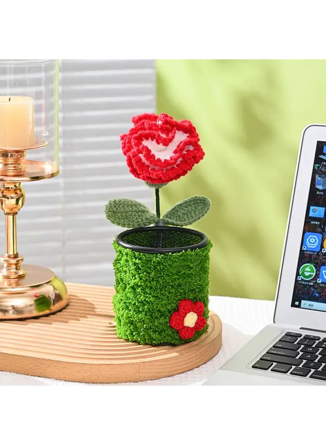 Knitted Carnation Crochet Style Pen Holder Desk Organizer Artificial Flower Pot Office Gift - Image 3