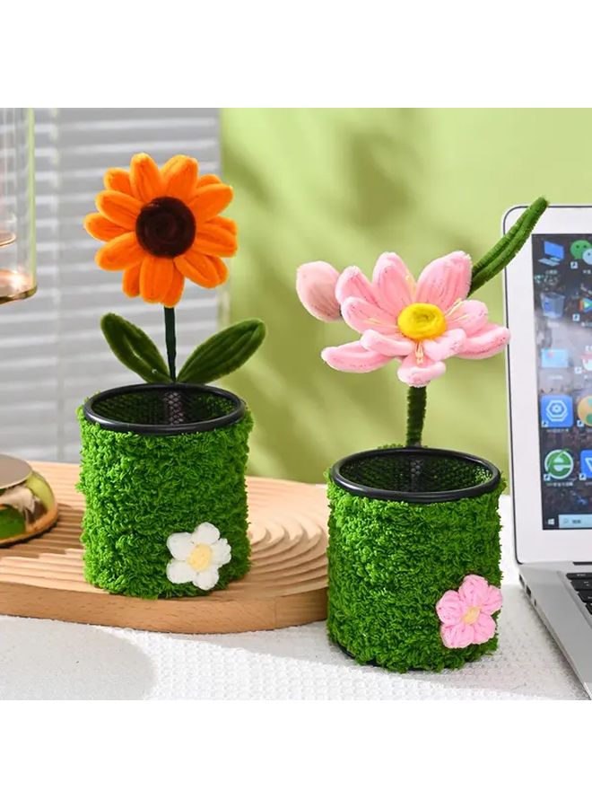 Knitted Carnation Crochet Style Pen Holder Desk Organizer Artificial Flower Pot Office Gift - Image 4