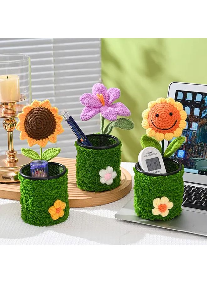 Knitted Carnation Crochet Style Pen Holder Desk Organizer Artificial Flower Pot Office Gift - Image 1