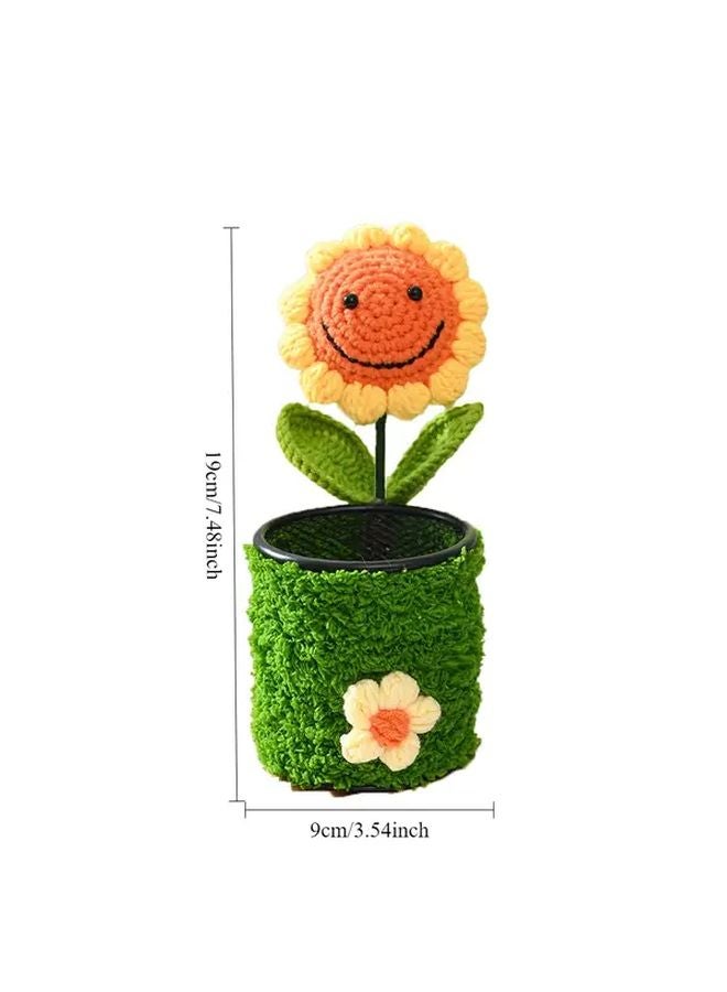 Knitted Carnation Crochet Style Pen Holder Desk Organizer Artificial Flower Pot Office Gift - Image 2