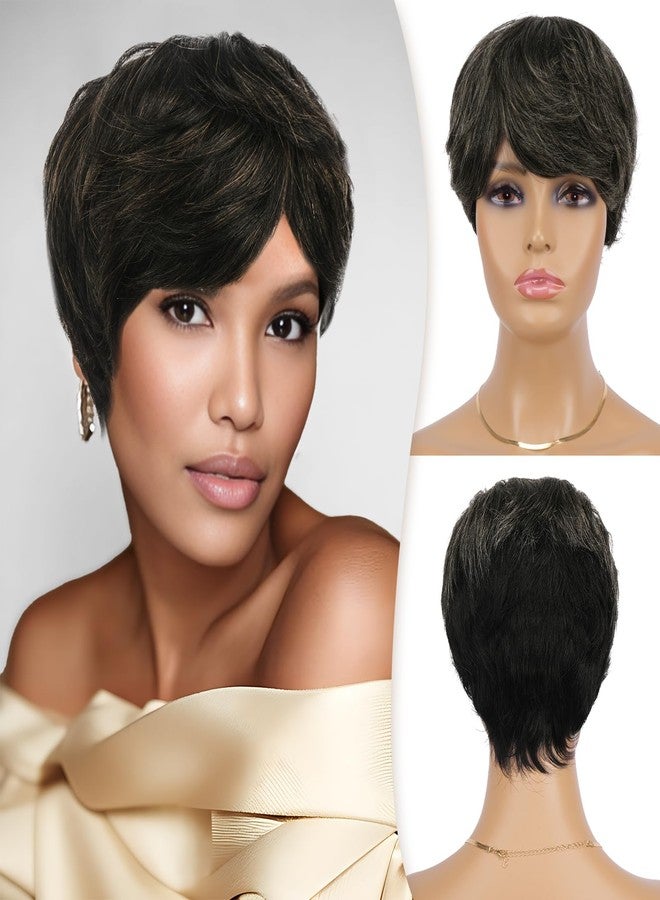 RUWISS Pixie Cut Wig Human Hair Wigs Human Hair Wig with Bangs Natural Short Black Wig Layered Wavy Different Style Short Wigs for Black Women (F/1B/30#) - Image 1