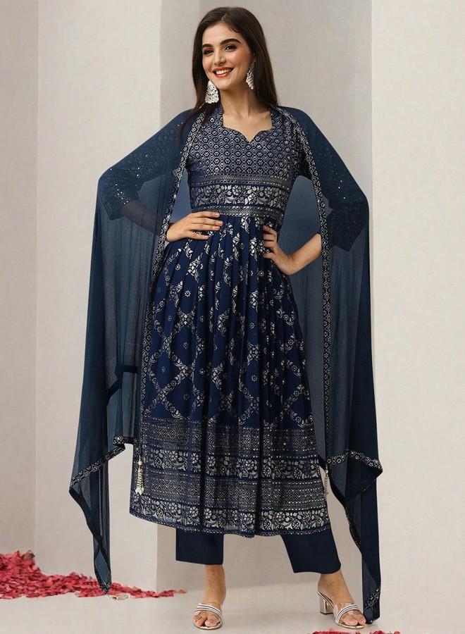 ISHIN Women'S Peacock Blue Georgette Embroidered Tunic Full Length Palazzo Straight Fit Kurta Set - Image 1