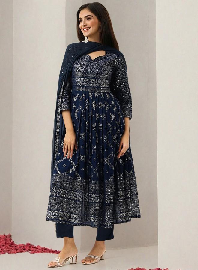 ISHIN Women'S Peacock Blue Georgette Embroidered Tunic Full Length Palazzo Straight Fit Kurta Set - Image 5