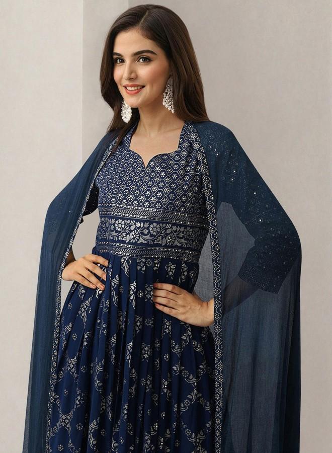 ISHIN Women'S Peacock Blue Georgette Embroidered Tunic Full Length Palazzo Straight Fit Kurta Set - Image 3