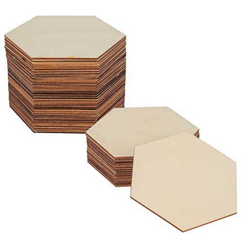 LepoHome 50PCS Wooden Hexagon for Crafts, 4 Inch Unfinished Wood Pieces for Crafts, Natural Hexagon Shape Wooden Slices Cutouts Coasters for Paint DIY Pyrograph Staining Burning Engraving Carving - Image 1