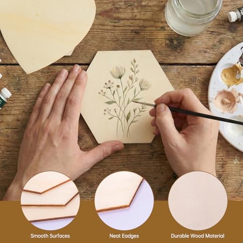 LepoHome 50PCS Wooden Hexagon for Crafts, 4 Inch Unfinished Wood Pieces for Crafts, Natural Hexagon Shape Wooden Slices Cutouts Coasters for Paint DIY Pyrograph Staining Burning Engraving Carving - Image 3