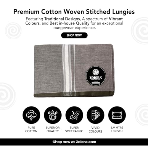 Zoiora Grey Cotton Lungi for Men (1.90 x 1.28 Meters) | Premium Ethnic Wear Dhoti | Hem-Stitched Pure Cotton Mundu | Traditional Single Dhoti for Men | Grey Woven Lungi - Image 5