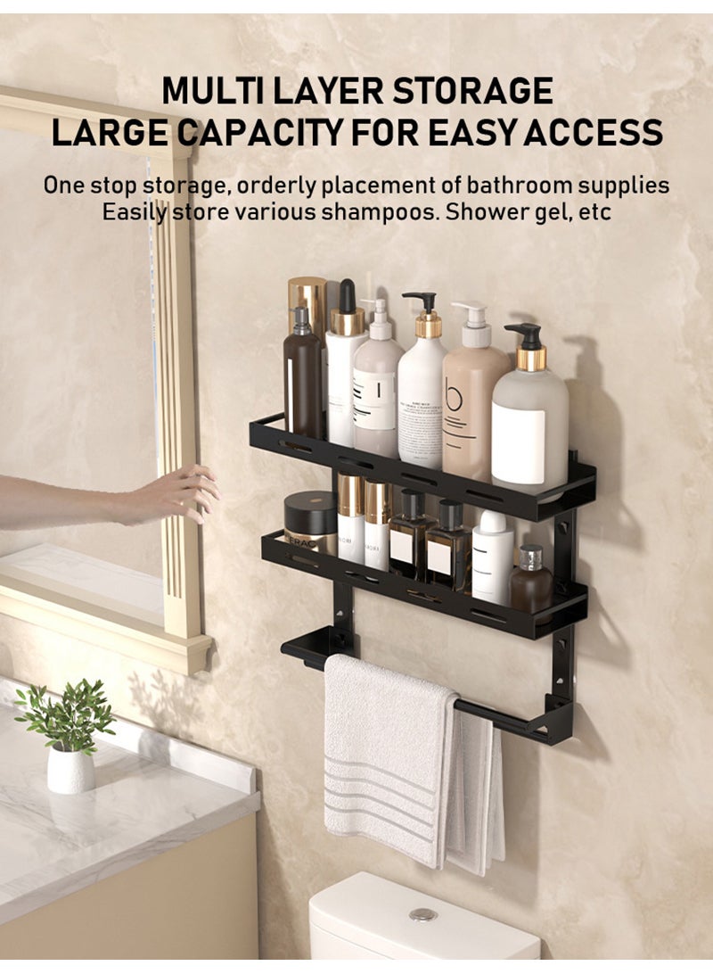 والالا رف حمام مكون من طبقتين بدون حفر، رف تخزين حمام مثبت على الحائط مع قضيب مناشف، منظم حمام من الفولاذ الكربوني للحمام والمطبخ وغرفة النوم 50*37.5*12 سم - Image 3