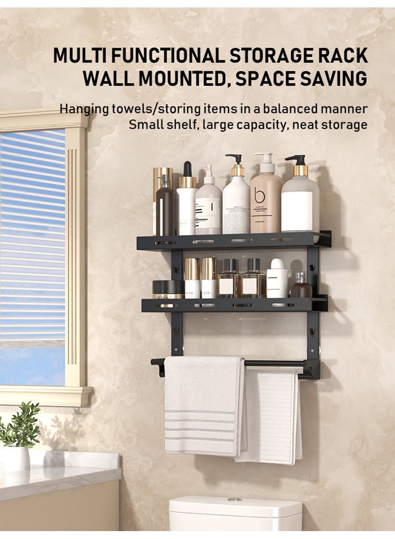 والالا رف حمام مكون من طبقتين بدون حفر، رف تخزين حمام مثبت على الحائط مع قضيب مناشف، منظم حمام من الفولاذ الكربوني للحمام والمطبخ وغرفة النوم 50*37.5*12 سم - Image 2