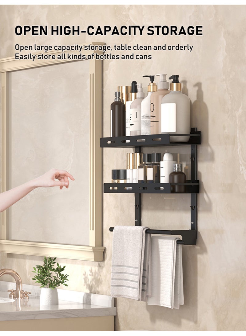 والالا رف حمام مكون من طبقتين بدون حفر، رف تخزين حمام مثبت على الحائط مع قضيب مناشف، منظم حمام من الفولاذ الكربوني للحمام والمطبخ وغرفة النوم 50*37.5*12 سم - Image 4