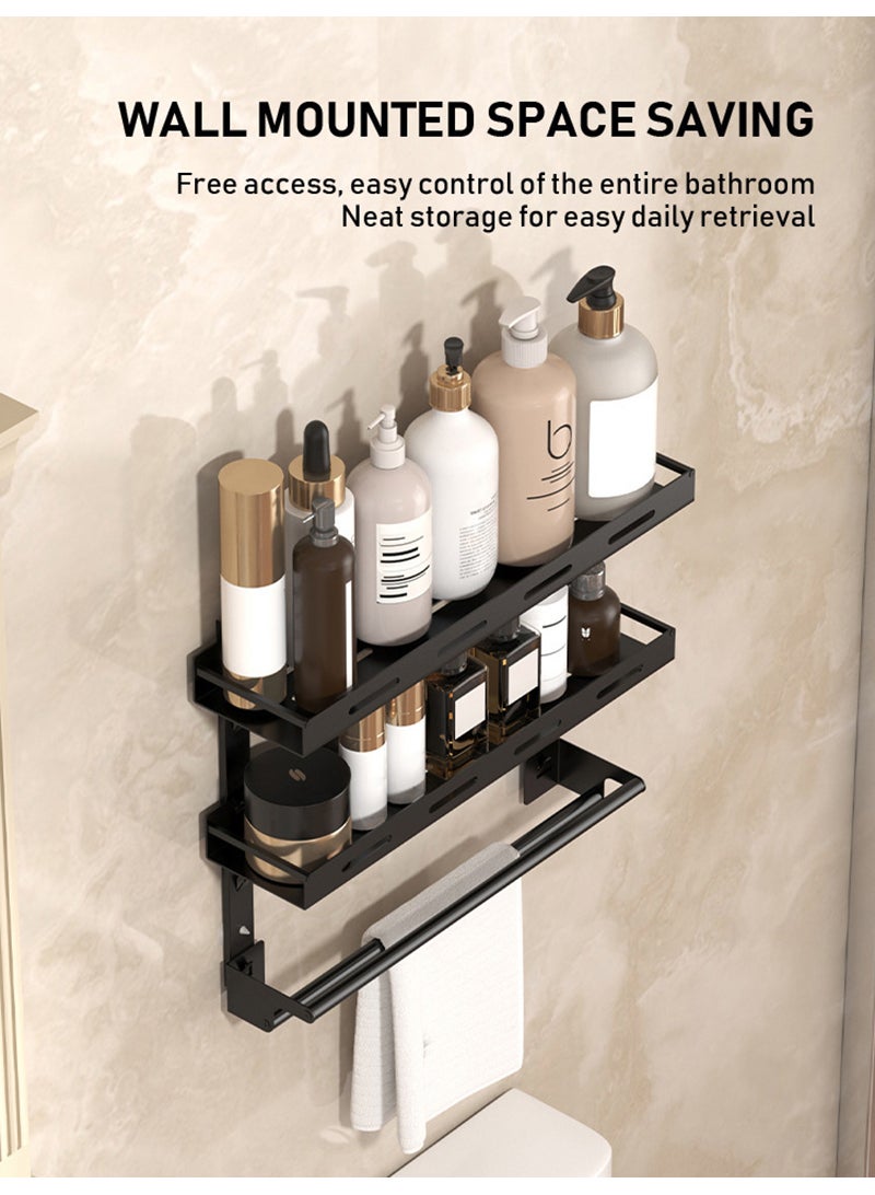 والالا رف حمام مكون من طبقتين بدون حفر، رف تخزين حمام مثبت على الحائط مع قضيب مناشف، منظم حمام من الفولاذ الكربوني للحمام والمطبخ وغرفة النوم 50*37.5*12 سم - Image 5