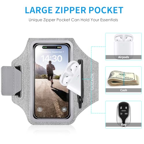 GUZACK Running Armband Case for iPhone 16/15/14/13/12/11 Pro Max, Galaxy S25/S24/S23/S22, Universal Cell Phone Arm Holder with Key Pocket & Card Slot, Gray - Image 3