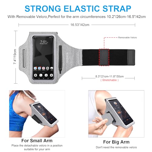 GUZACK Running Armband Case for iPhone 16/15/14/13/12/11 Pro Max, Galaxy S25/S24/S23/S22, Universal Cell Phone Arm Holder with Key Pocket & Card Slot, Gray - Image 5