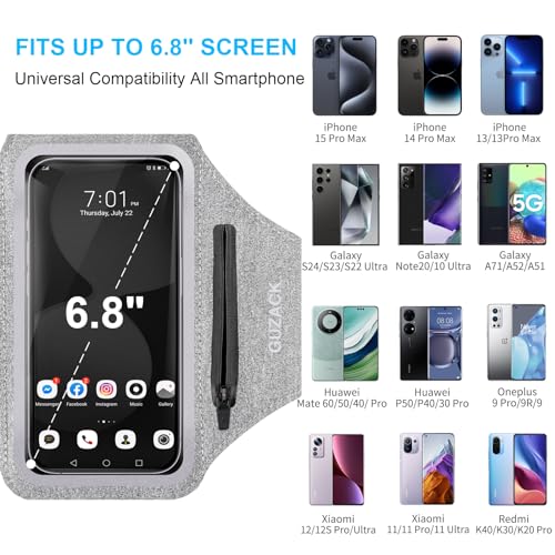 GUZACK Running Armband Case for iPhone 16/15/14/13/12/11 Pro Max, Galaxy S25/S24/S23/S22, Universal Cell Phone Arm Holder with Key Pocket & Card Slot, Gray - Image 2