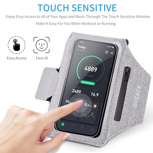 GUZACK Running Armband Case for iPhone 16/15/14/13/12/11 Pro Max, Galaxy S25/S24/S23/S22, Universal Cell Phone Arm Holder with Key Pocket & Card Slot, Gray - Image 4