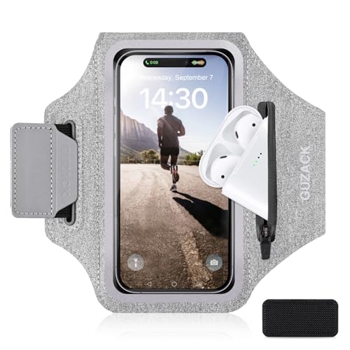 GUZACK Running Armband Case for iPhone 16/15/14/13/12/11 Pro Max, Galaxy S25/S24/S23/S22, Universal Cell Phone Arm Holder with Key Pocket & Card Slot, Gray - Image 1