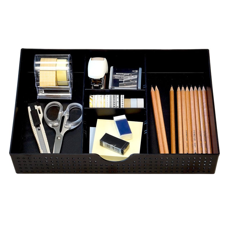 Amtido Desk Drawer Organiser Tray for Office Stationary Supplies & Accessories - Sleek 3 Compartments Stationery Organisers with 2 Adjustable Dividers - Black Desk Tidy Organiser - Image 1