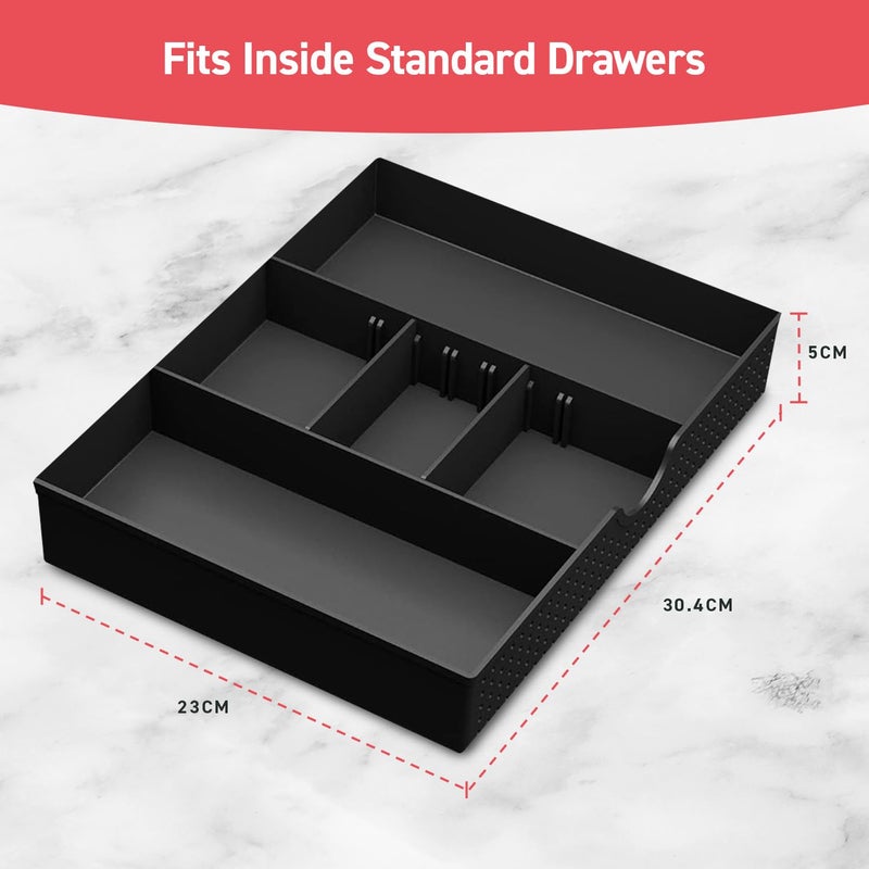 Amtido Desk Drawer Organiser Tray for Office Stationary Supplies & Accessories - Sleek 3 Compartments Stationery Organisers with 2 Adjustable Dividers - Black Desk Tidy Organiser - Image 2