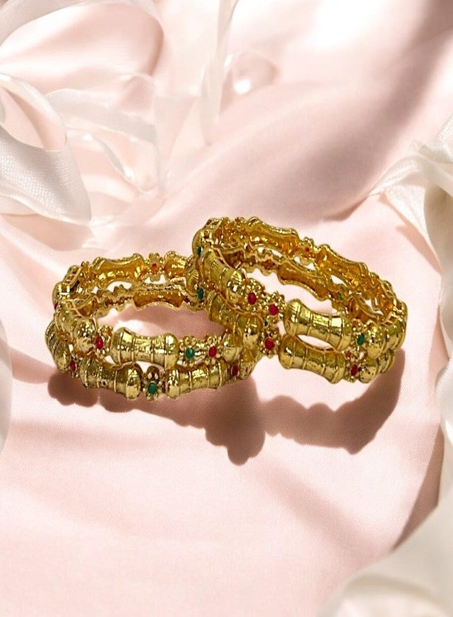 ACCESSHER Gold-Plated Traditional Bangles Set with Red & Green Stone Floral Design | Bridal & Festive Indian Jewelry for Women & Girls | (Pack of 4) - Image 3